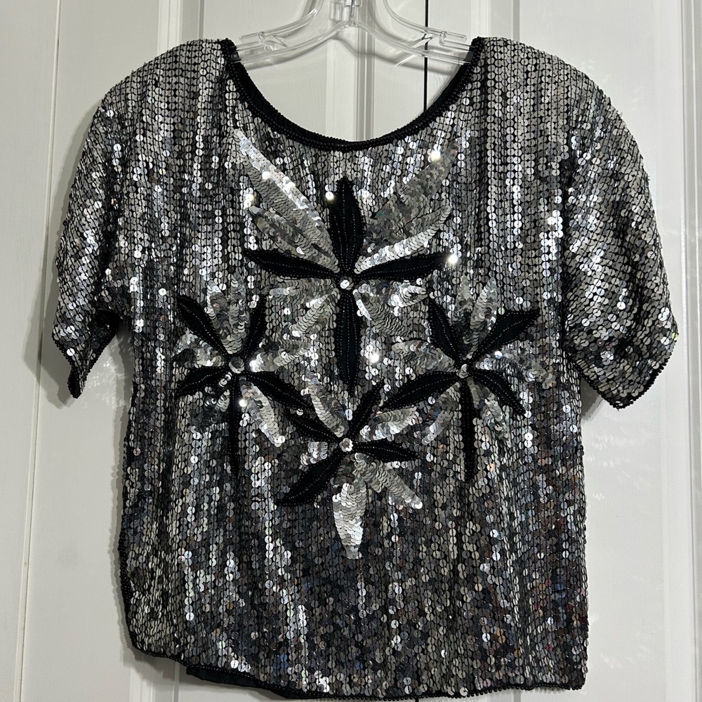 Vintage Women's 100% Silk Sequin Blouse Silver and Black Size M